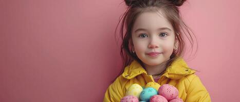ai generado un pequeño niña en contra un aislado rosado fondo, contento Pascua de Resurrección día foto