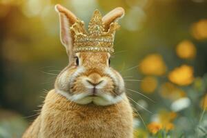 ai generado cerca arriba grasa jengibre Conejo con un dorado corona. contento ester día foto