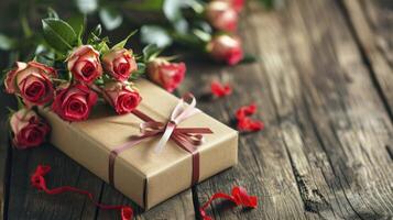 AI generated Valentines concept with bouquet of roses and wrapped gift box on wooden table photo