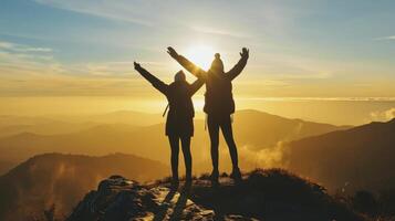 AI generated Two people silhouette with arms raised up on mountain top at sunset photo