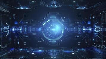 AI generated abstract futuristic background of blue glowing technology sci fi frame hud ui photo