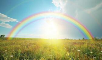 AI generated rainbow with sunshine over the field photo