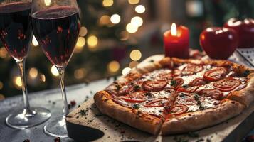 AI generated Pizza and wine on bokeh background. Home cooked Valentines Day dinner. photo