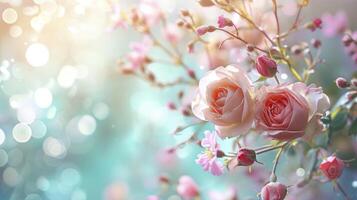 ai generado un foto capturar linda rosas y primavera flores en un juguetón vuelo, en contra un pastel bokeh fondo, prestidigitación un sinfonía de primavera deleite