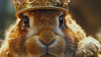 AI generated Close up fat ginger rabbit with a golden crown. Happy Ester Day photo