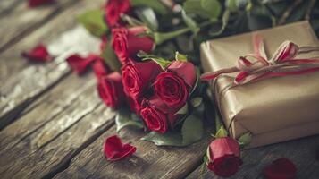 AI generated Valentines concept with bouquet of roses and wrapped gift box on wooden table photo