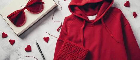 AI generated Top View red Sweater and Book, Sunglasses for valentine's day. photo