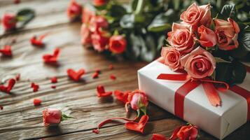ai generado san valentin concepto con ramo de flores de rosas y envuelto regalo caja en de madera mesa foto