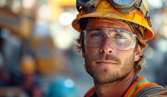 ai generado un construcción trabajador usa un difícil sombrero. un construcción trabajador protege su cabeza y ojos por vistiendo un difícil sombrero y gafas de protección en sitio. foto