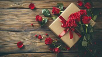 ai generado san valentin concepto con ramo de flores de rosas y envuelto regalo caja en de madera mesa foto