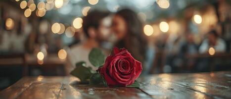 AI generated Love in Bloom. A Couples Romantic Interlude in a Quaint Cafe, Accentuated by a Red Rose, Creating a Perfect Moment for Valentines Day. photo