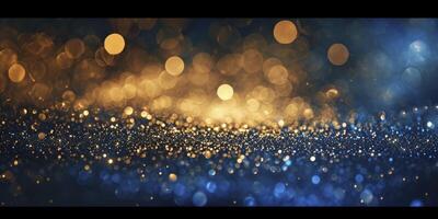 AI generated background of abstract glitter lights. blue, gold and black. de focused. banner photo