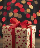 AI generated Gift box with red ribbon, valentine's day bokeh background photo