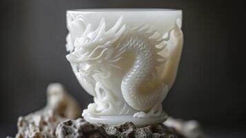 AI generated a white dragon is carved on the white jade wine glass photo