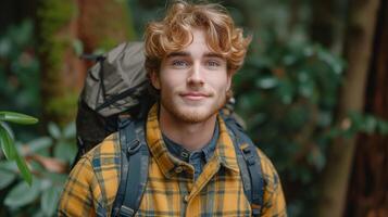 AI generated Curly-Haired Man Carrying Backpack photo