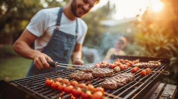 AI generated Man Grilling Meat and Vegetables on a Grill photo