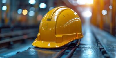 AI generated Yellow Safety Helmet on Factory Conveyor Belt During Evening Shift photo