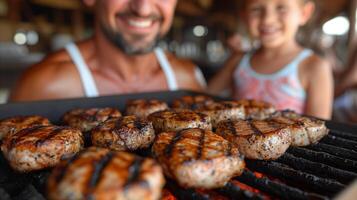 ai generado hombre y pequeño niña Cocinando hamburguesas en parrilla foto