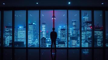 AI generated Man Standing in Front of Window, Looking Out at City Skyline photo