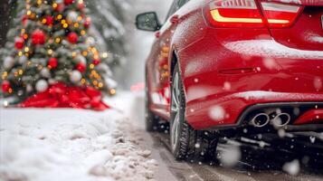 AI generated Red Car Parked in Front of Christmas Tree photo