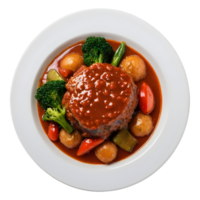 ai generiert Gourmet Restaurant Speisekarte mit zärtlich Fleisch im Soße und Gemüse isoliert auf transparent Hintergrund isoliert png