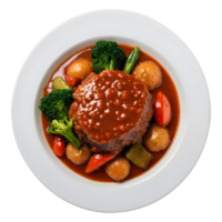 ai généré gourmet restaurant menu avec soumissionner Viande dans sauce et des légumes isolé sur transparent Contexte isolé png