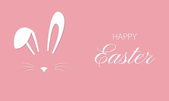 Happy Easter greeting card with white paper cut Easter Bunny isolated on pink background. Festive design. Vector illustration