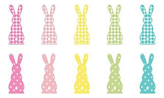 Silhouettes set of rabbits. Bunny ears, buffalo plaid and polka dots pattern. Clipart. Easter design elements. Vector illustration