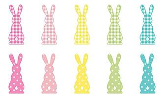 Silhouettes set of rabbits. Bunny ears, buffalo plaid and polka dots pattern. Clipart. Easter design elements. Vector illustration