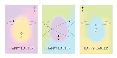 Happy Easter greeting cards set in y2k style. Template for posters, banners with blurred gradient and linear shapes. Vector illustration