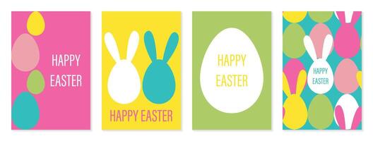 contento Pascua de Resurrección conjunto de carteles, tarjetas o cubre en moderno minimalista estilo con huevos y Conejo orejas. de moda linda plantillas para publicidad, marca, Felicidades o invitaciones vector