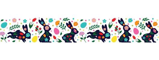 Happy Easter, decorated easter card, banner. Bunnies, Easter eggs, flowers and basket. Folk style patterned design vector