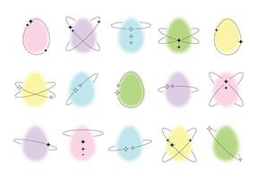 Set of blurred colorful Easter eggs with linear shape and stars, trendy y2k style design template. Modern minimalistic style. Social media or logo elements vector