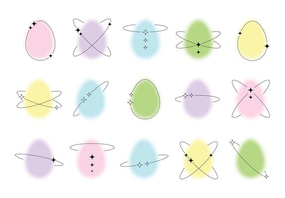 Set of blurred colorful Easter eggs with linear shape and stars, trendy y2k style design template. Modern minimalistic style. Social media or logo elements