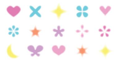 Y2k style blurred shapes set. Blurry flower, heart, butterfly, star, aura aesthetic elements. Modern minimalist design element with blur gradients vector