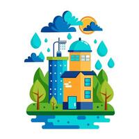 Hand drawn flat illustration of rainwater harvesting in the city. Efficient water use. Vector design of water conservation.
