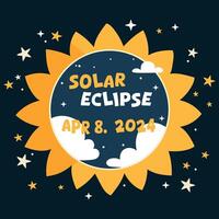 Hand drawn banner solar eclipse 8 april 2024. Vector design with sun, clouds and stars on dark background.