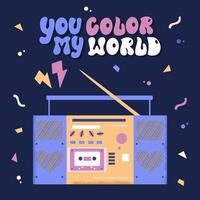 Colourful card with retro record player. You color my world. Hand drawn vector valentine design.