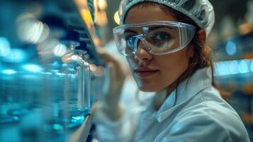 ai generado hembra científico trabajando en el laboratorio con prueba tubos laboratorio trabajador vistiendo un blanco Saco y máscara mirando a un blanco envase foto