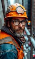 ai generado retrato de hermoso barbado construcción trabajador en protector casco y lentes mirando a cámara. foto