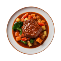 ai généré gourmet restaurant menu avec soumissionner Viande dans sauce et des légumes isolé sur transparent Contexte isolé png