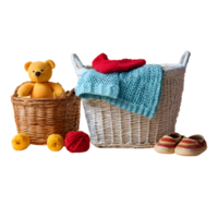 AI generated Baby clothes and crochet toys next to laundry basket on transparent background isolated png