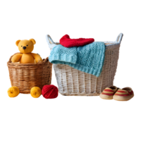 ai généré bébé vêtements et crochet jouets suivant à blanchisserie panier sur transparent Contexte isolé png