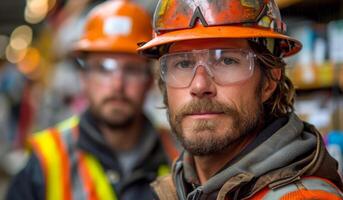 AI generated A construction worker wears a hard hat. Two men wearing hard hats and safety glasses stand at a construction site. photo