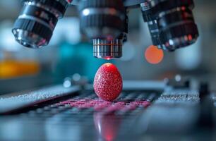 AI generated Scientist uses equipment to determine the size. This close-up photo of a red object under a microscope showcases fascinating details not visible to the naked eye.