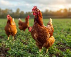 AI generated A group of chickens standing on a field. A group of chickens walking across a vibrant green field in a neat formation. photo