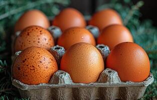 AI generated A black case is full of spoiled brown egg. A carton of eggs sits on top of a table, ready to be used for cooking or baking. photo