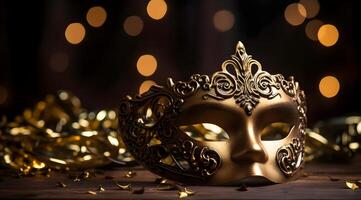 AI generated Carnival mask with golden confetti and bokeh background. photo