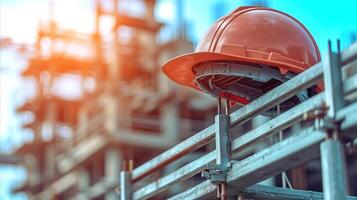 ai generado difícil sombrero descansando en metal cerca a construcción sitio foto