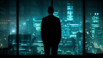 AI generated Man Standing in Front of Window, Looking Out at Night City photo